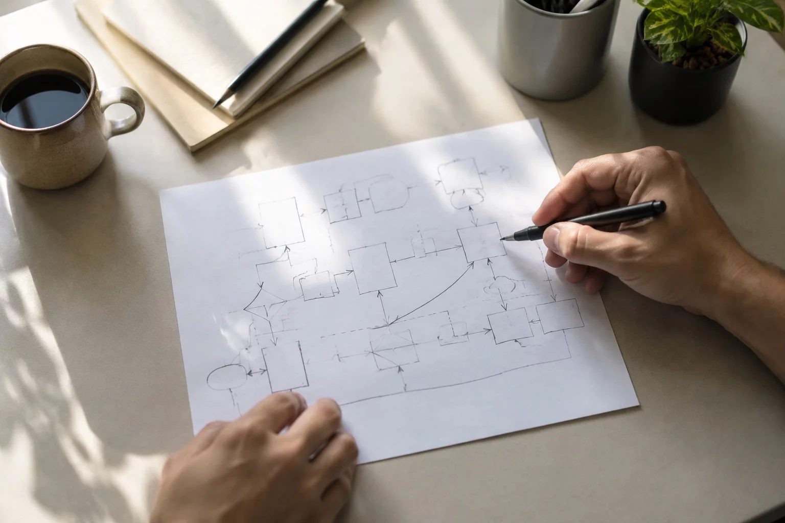 Vista de cima de uma mesa com um diagrama de lógica desenhado à mão