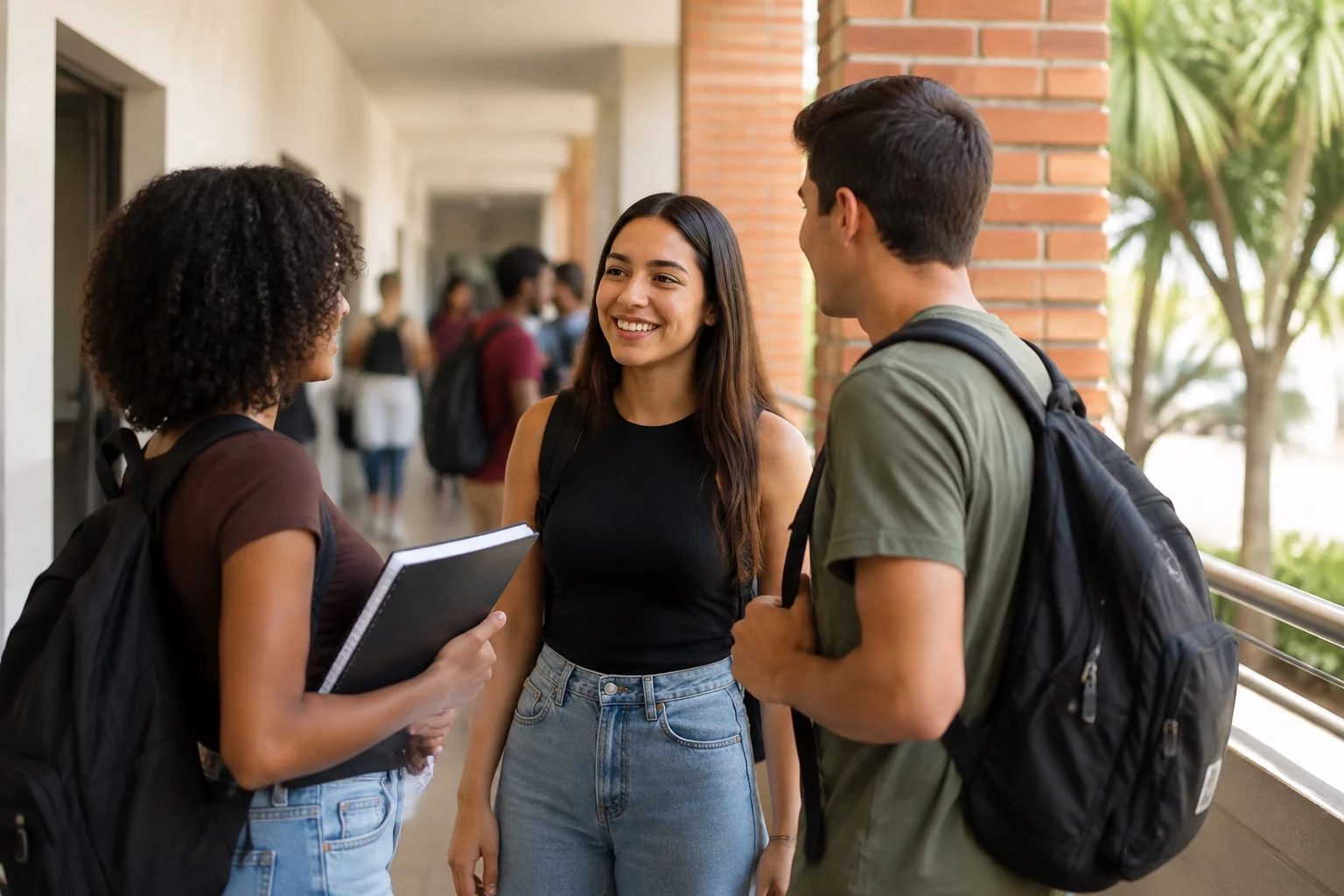 Estudantes com mochilas conversando no corredor de uma universidade