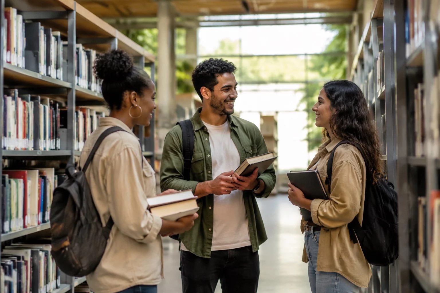 Estudantes conversando em pé entre as estantes de uma biblioteca