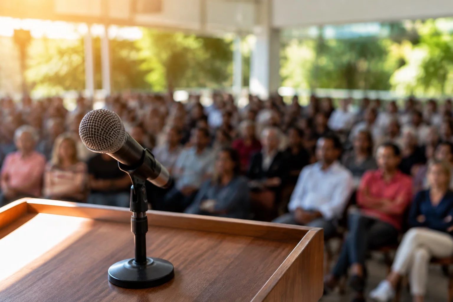 Microfone sobre uma tribuna, com a plateia sentada desfocada ao fundo