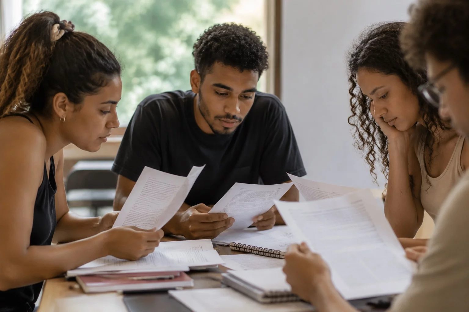 Grupo pequeno lendo páginas impressas de argumentos ao redor de uma mesa