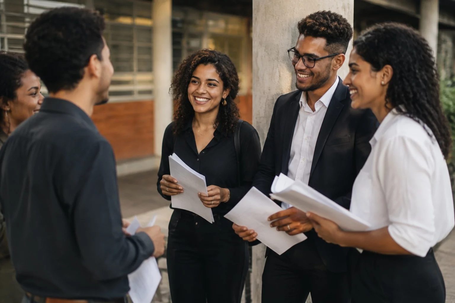 Grupo sorrindo após uma rodada de debate, com papéis nas mãos